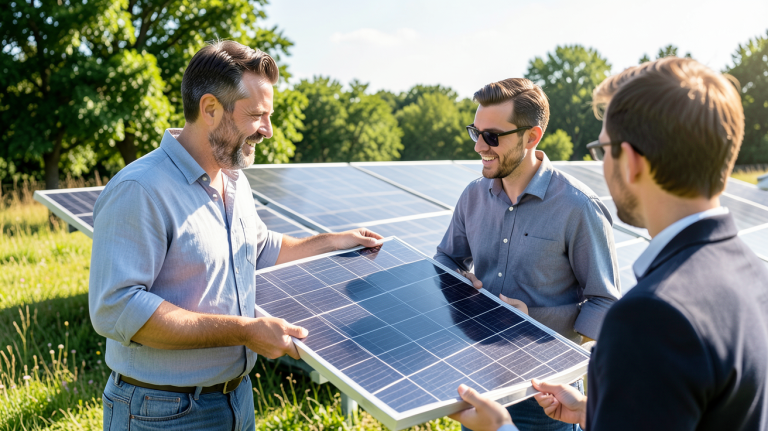 prix des panneaux voltaiques présenté par un expert en énergie solaire avec des panneaux photovoltaïques devant un client