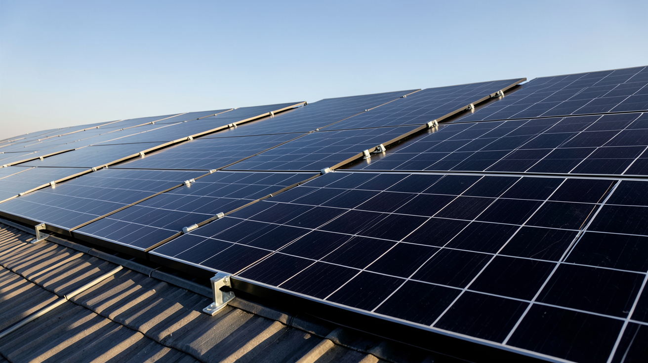 prix du m2 de panneau solaire photovoltaïque en 2026 illustré par un toit équipé de panneaux solaires noirs