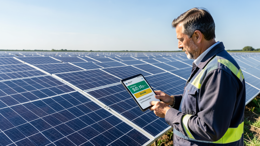 prix du m2 de panneau solaire photovoltaique montrant un champ de panneaux solaires photovoltaïques avec un professionnel consultant le prix au mètre carré sur une tablette