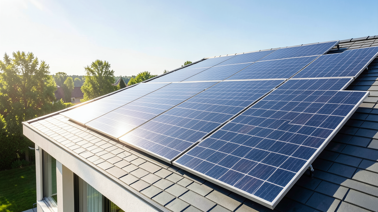 prix du m2 de panneaux photovoltaique illustré par une installation solaire moderne sur un toit résidentiel sous un soleil radieux