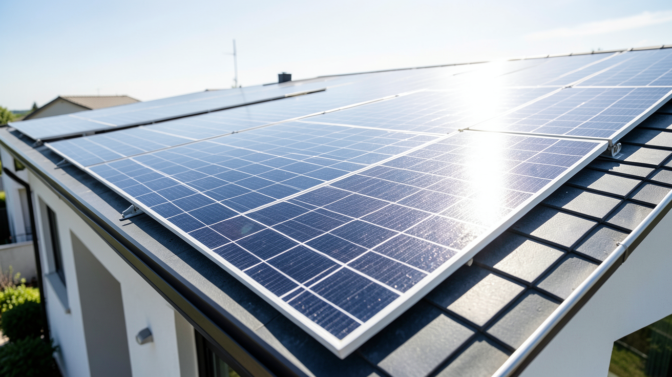 prix du m2 de panneaux photovoltaique illustré par une installation solaire sur un toit résidentiel moderne