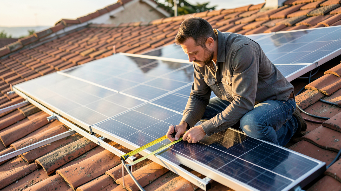 prix du m2 panneau photovoltaique calcul solaire avec installateur mesurant la surface d'un toit équipé de panneaux