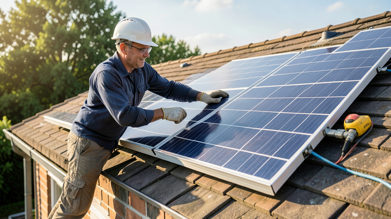 prix du m2 panneau photovoltaïque : installateur posant un panneau solaire sur un toit avec des éléments illustrant les facteurs de variation