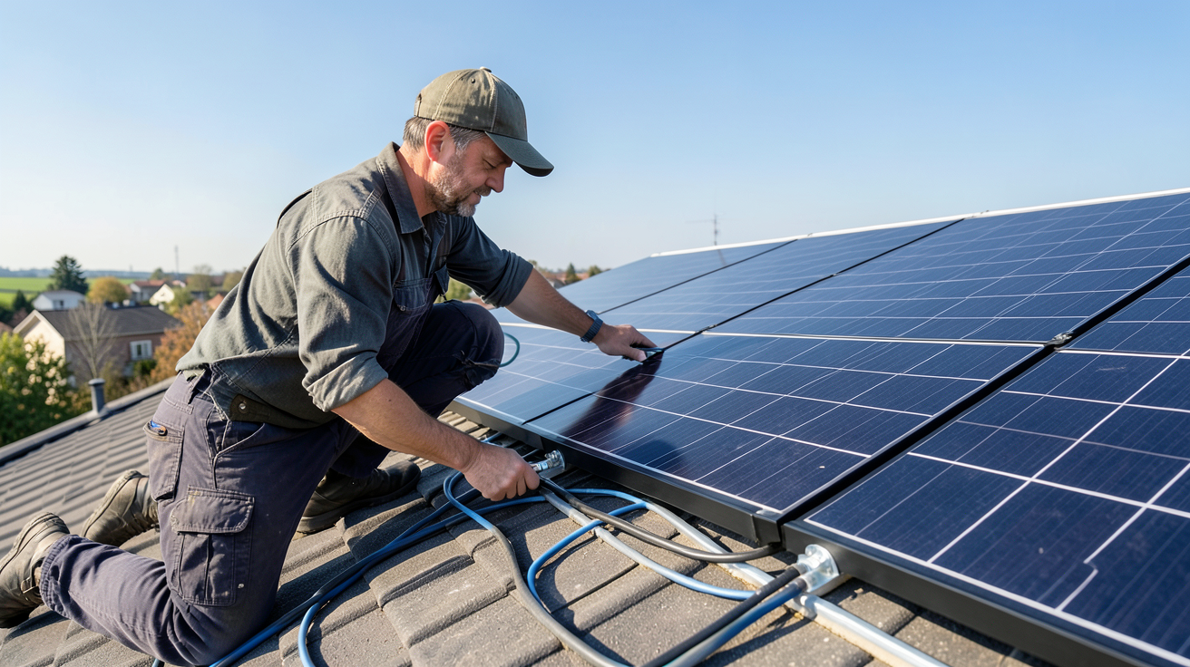 prix du m2 de panneau solaire photovoltaique : installation de panneaux solaires sur un toit résidentiel par un professionnel
