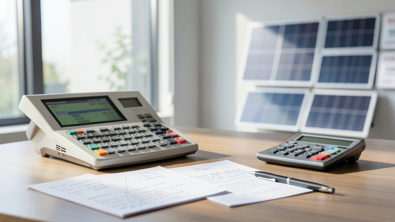 prix du mètre carré de panneau photovoltaïque calculé sur un bureau avec des outils de méthodologie