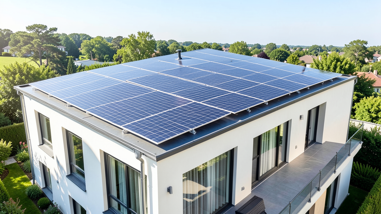 prix du panneau photovoltaique illustré par une installation solaire complète sur une toiture de maison moderne