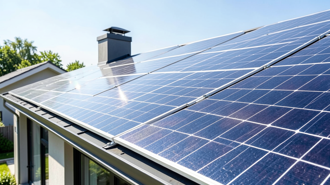 prix du panneau photovoltaique illustré par une installation de panneaux solaires modernes sur un toit résidentiel.