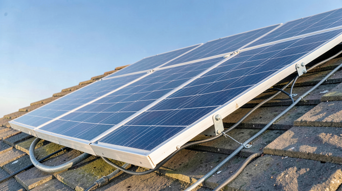 prix du panneau solaire 2024 : panneau photovoltaïque installé sur un toit avec calculateur d'énergie solaire en arrière-plan