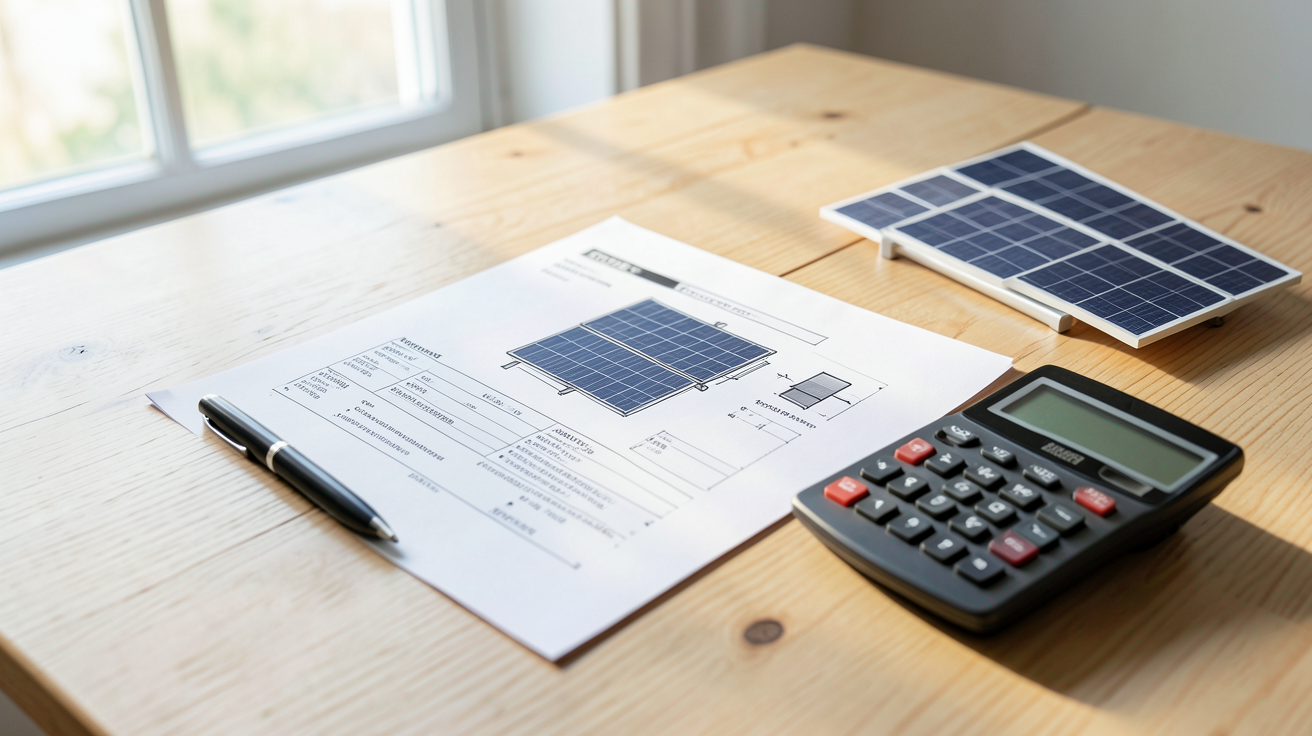 prix du photovoltaïque coût moyen installation 2026 affiché sur un devis avec calculatrice et panneaux solaires miniatures