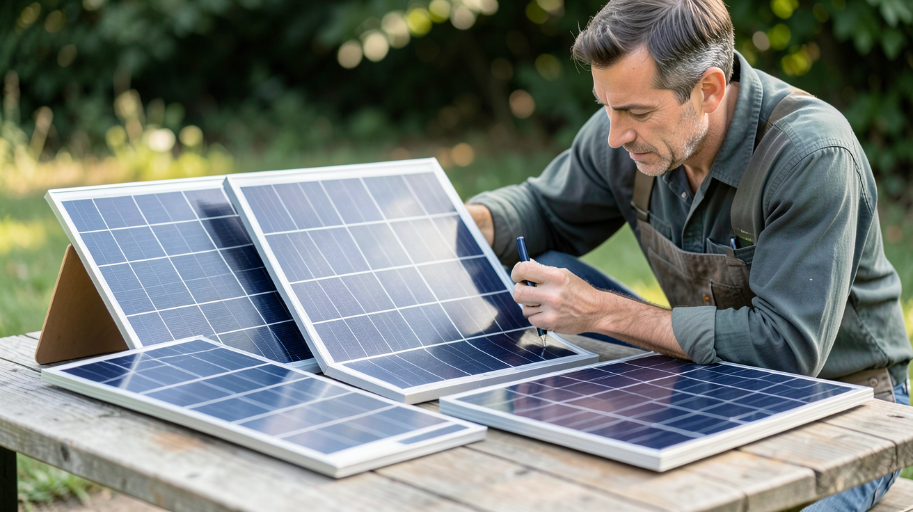 prix du photovoltaïque : différents types de panneaux solaires photovoltaïques (monocristallin, polycristallin et à couches minces) posés sur une table en extérieur