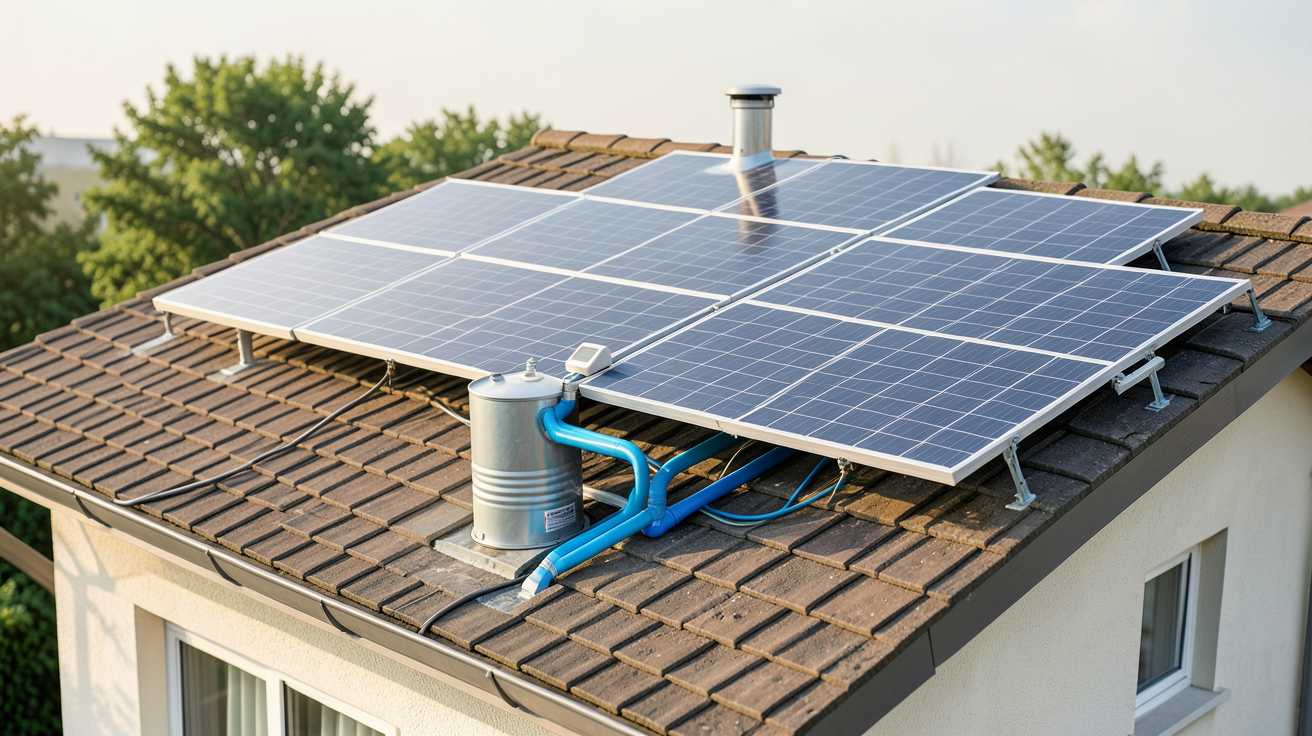 prix eau chaude solaire montrant un chauffe-eau solaire avec capteurs sur toit et réservoir de stockage
