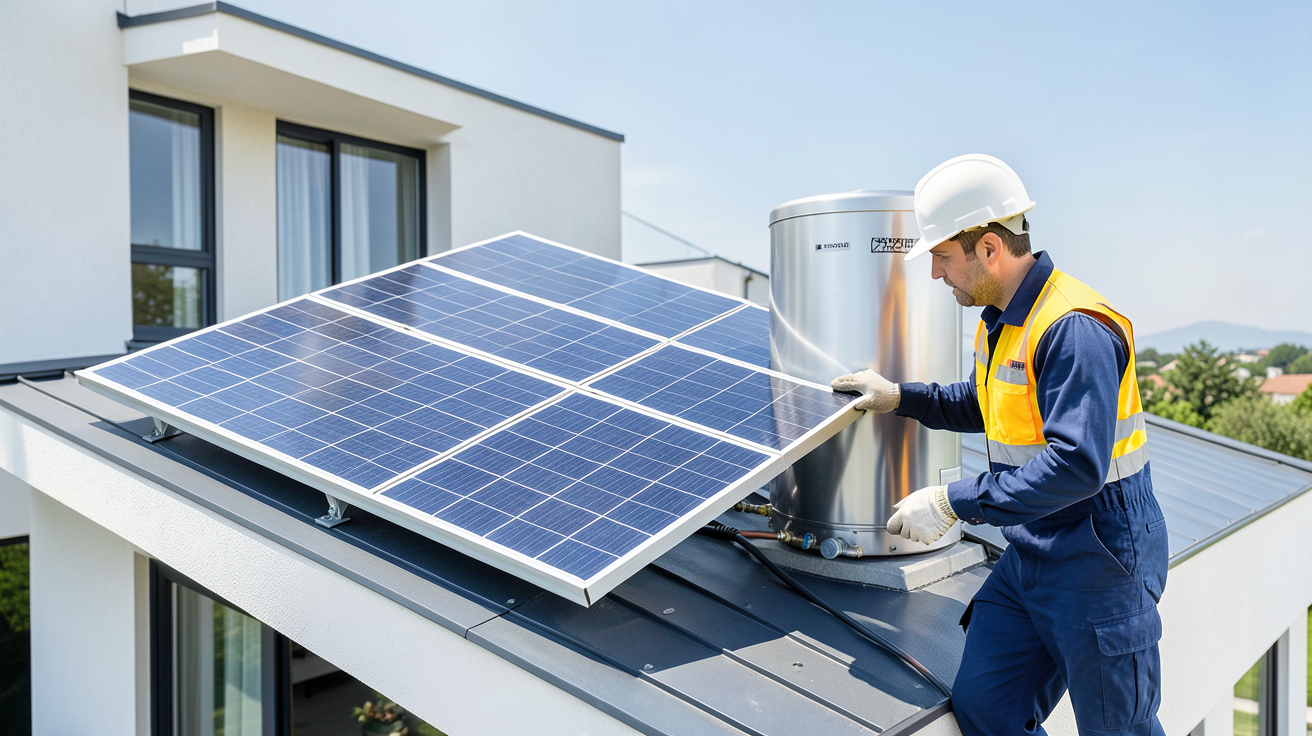 prix eau chaude solaire devis chauffe-eau solaire technicien sur toit montrant le système