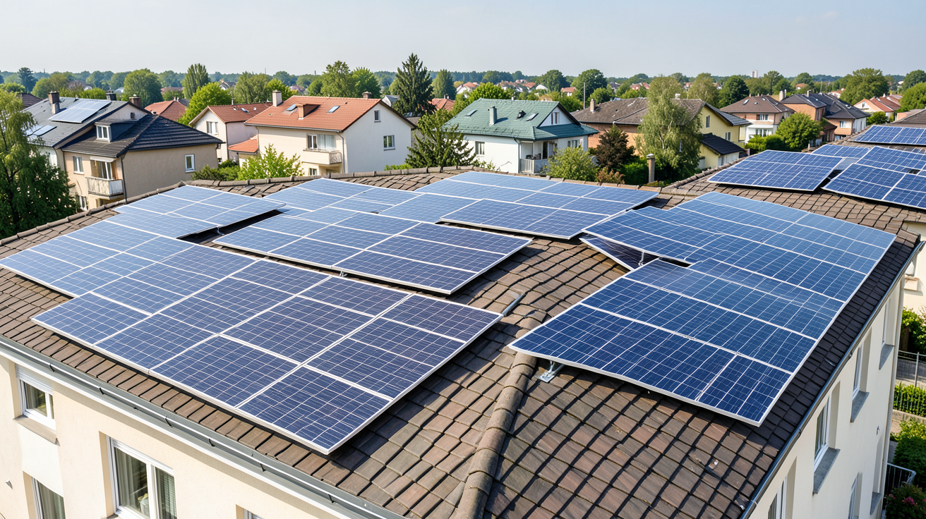 prix electricite panneau photovoltaique vue d'ensemble de panneaux solaires sur toit, illustrant les capacités de 3 kWc, 6 kWc, 9 kWc et 36 kWc avec installation moderne en 2026