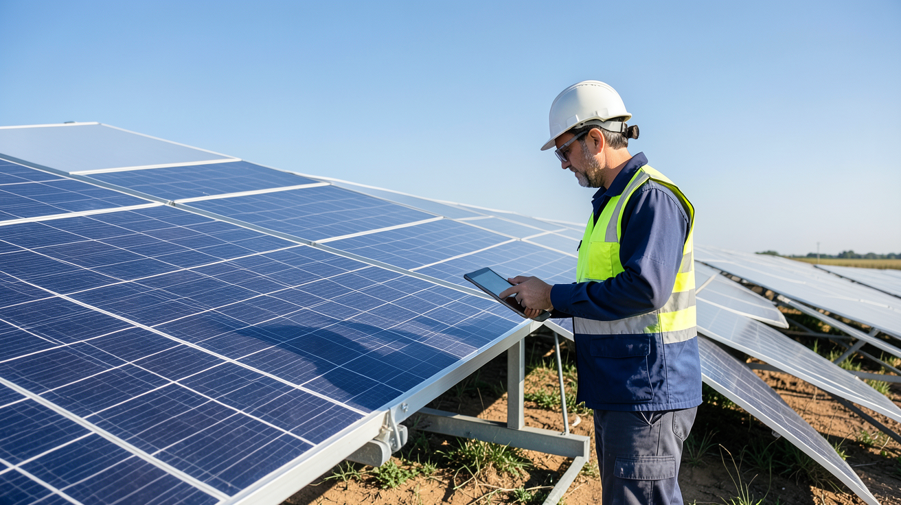 prix electricite panneau photovoltaique tarifs de rachat photovoltaïques 2026 illustrés par une vue aérienne de panneaux solaires avec un technicien consultant une tablette