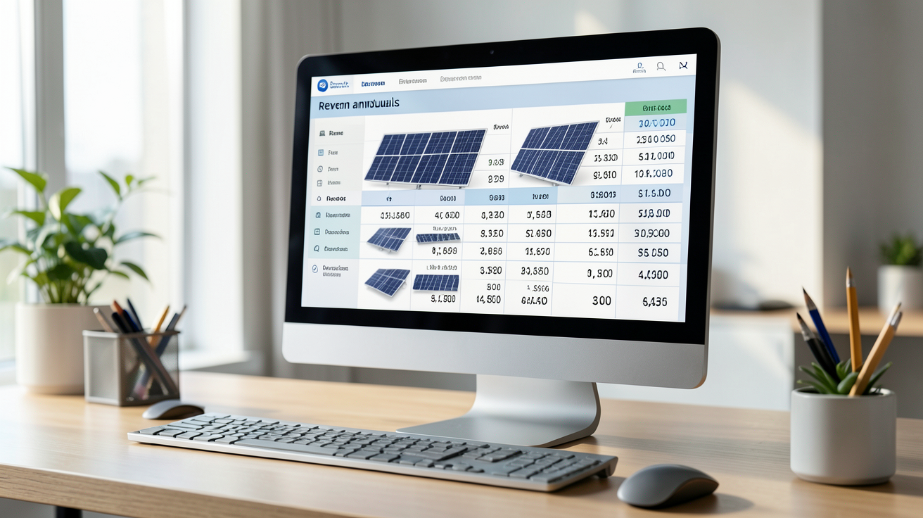 prix électricité photovoltaïque calcul de revenus annuels pour différentes puissances affiché sur écran d'ordinateur