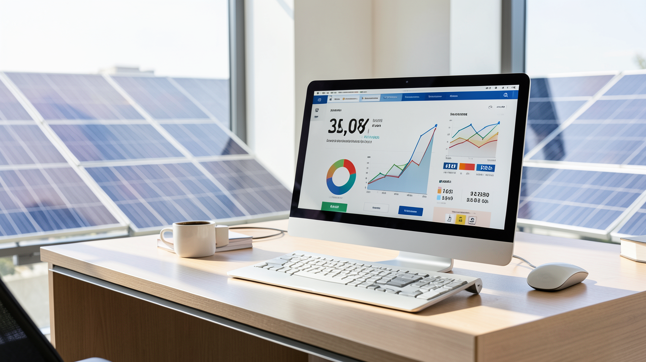 prix électricité solaire calcul revenu annuel avec calculateur et panneaux solaires en arrière-plan
