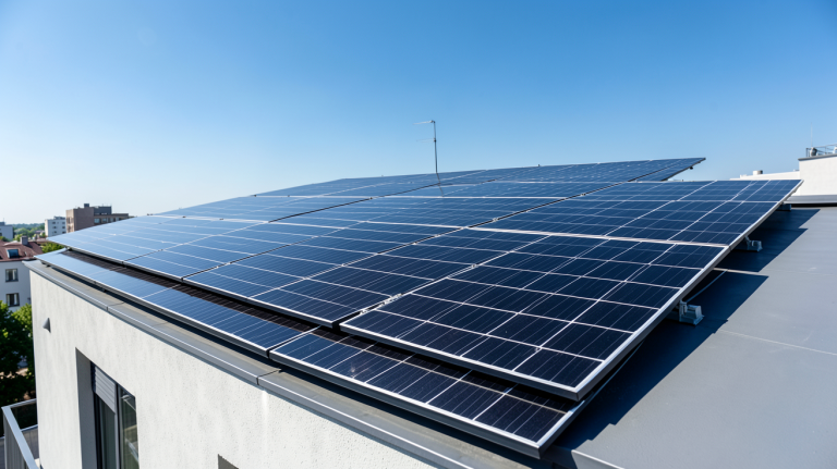prix energie photovoltaique installation de panneaux solaires sur le toit d'une maison urbaine moderne