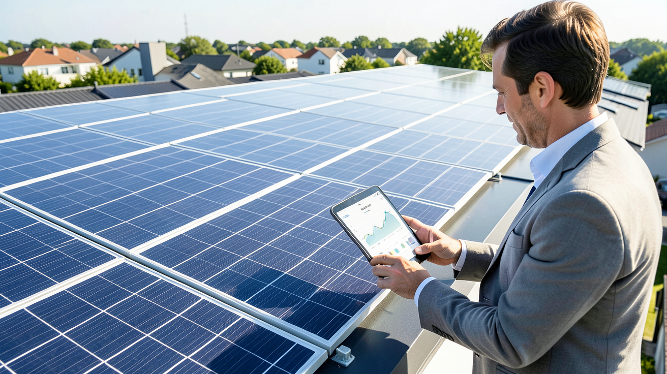 prix energie solaire photo montrant un toit avec panneaux photovoltaïques et un propriétaire consultant un tableau de revenu sur une tablette