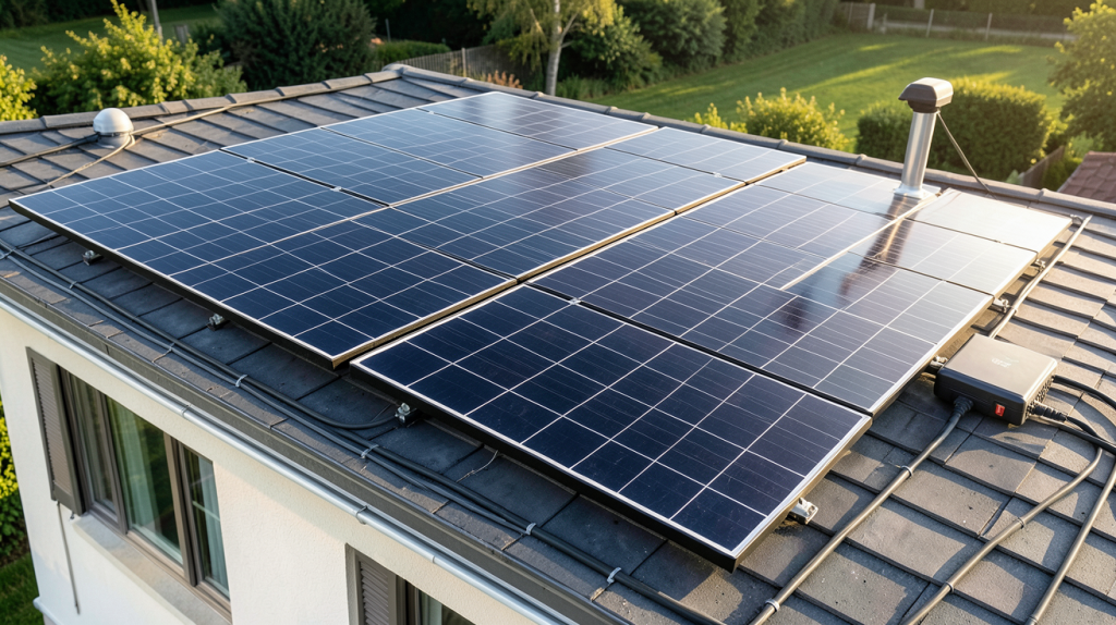 prix équipement photovoltaïque installation complète sur toit de maison individuelle avec panneaux solaires noirs et onduleur