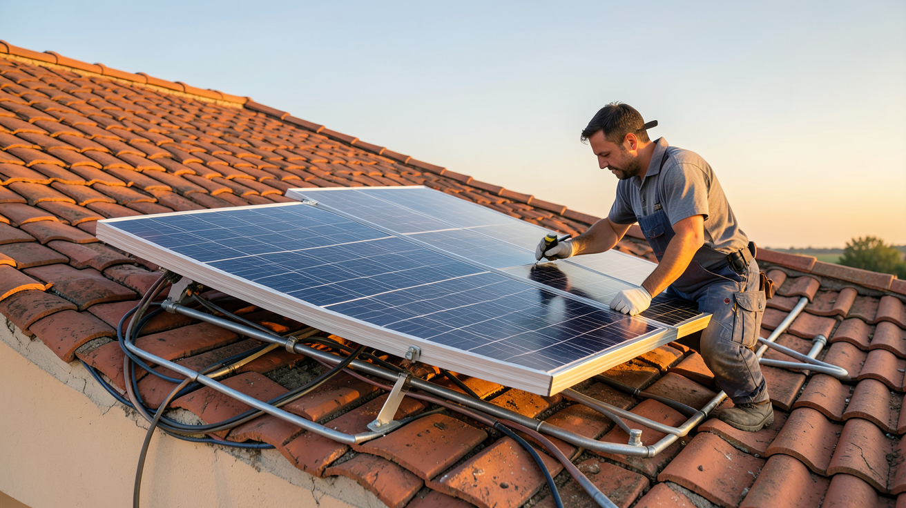 prix installation chauffage solaire 2026 : technicien installant un panneau solaire thermique sur un toit de maison
