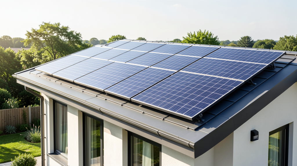 prix installation eau chaude solaire installation visible sur le toit d'une maison contemporaine, panneaux solaires captant le soleil.