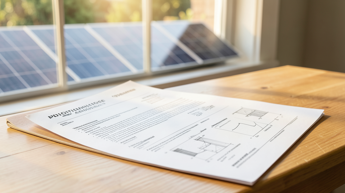 prix installation panneau photovoltaïque 2020 affiché sur un devis avec des panneaux solaires en arrière-plan