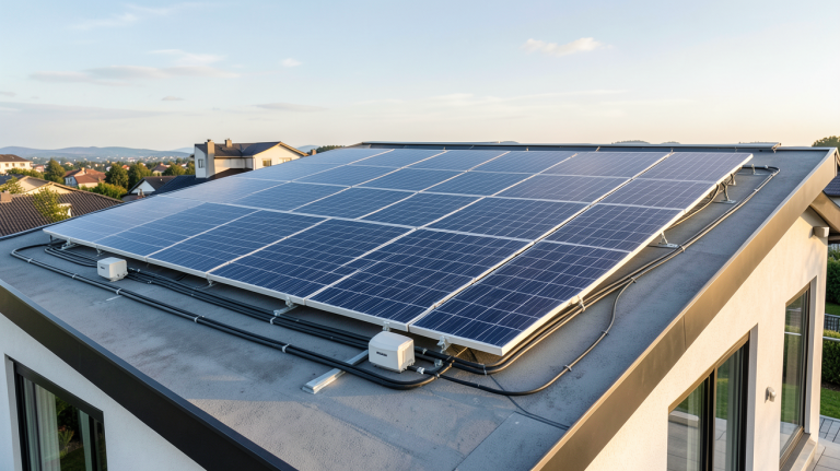prix installation panneau photovoltaique 6kw sur le toit d'une maison moderne avec lumière naturelle du matin