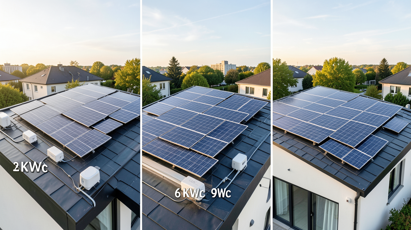 prix installation panneau photovoltaique comparaison de trois installations de 3 kWc, 6 kWc et 9 kWc sur des toits de maisons modernes