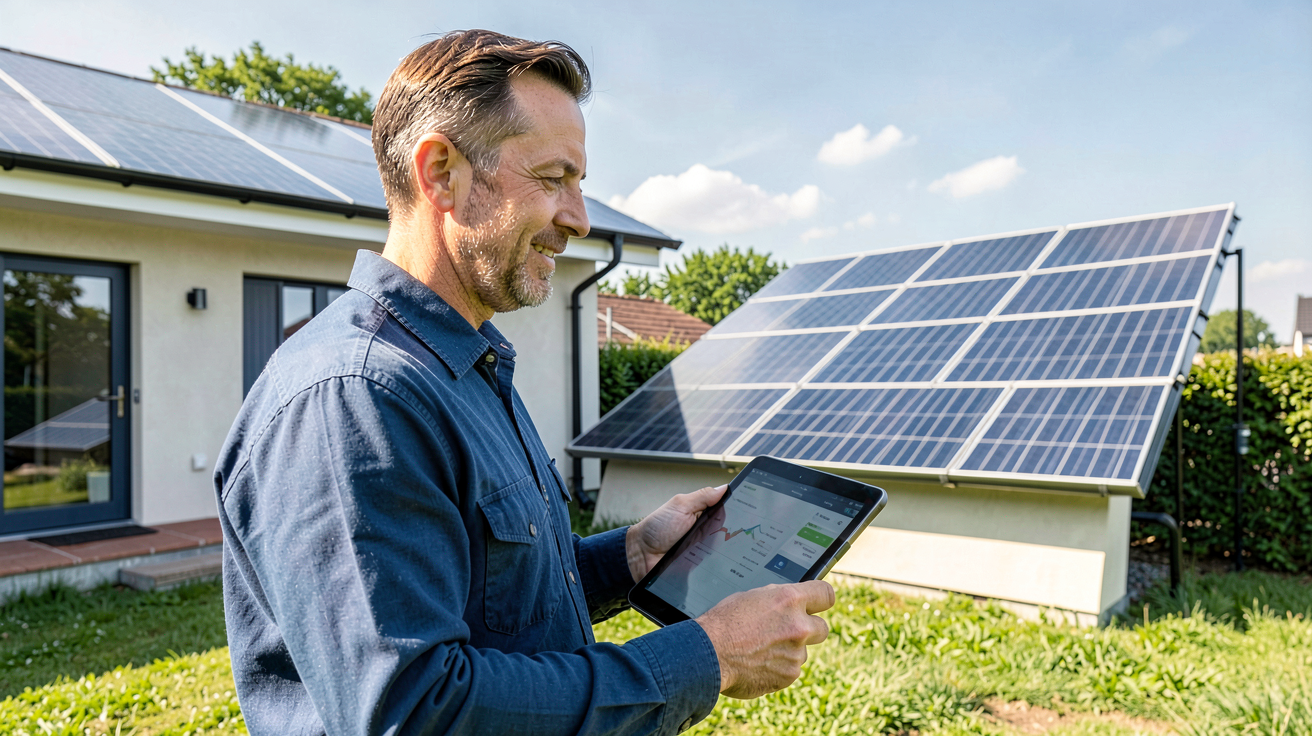 prix installation panneau solaire 6 kw illustré par une séance de planification budgétaire devant une maison équipée