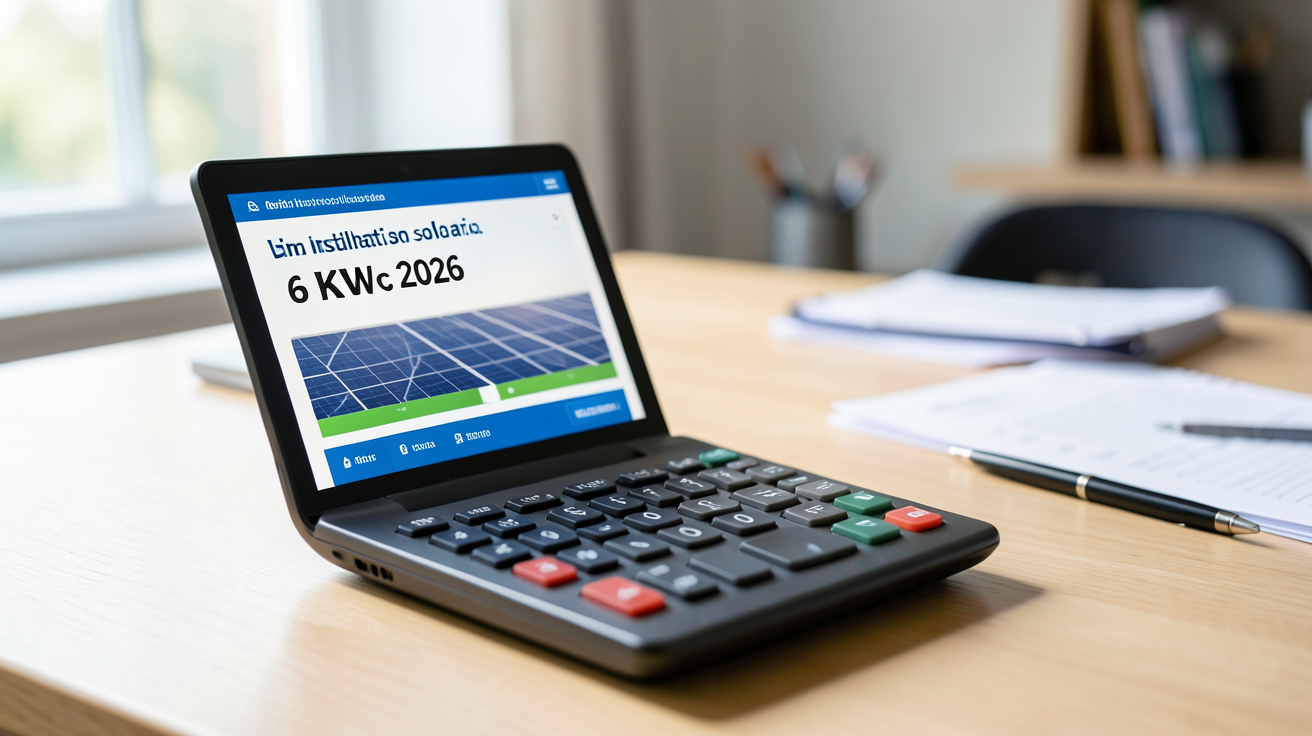 prix installation panneau solaire 6 kWc affiché sur un calculateur financier avec des documents en arrière-plan