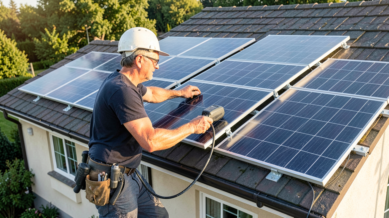 prix installation panneau solaire 9 kWc technicien installant des panneaux solaires sur un toit résidentiel