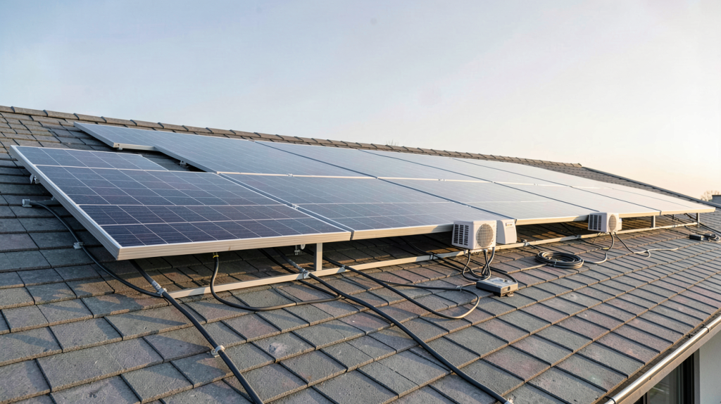 prix installation panneau solaire 9 kWc sur le toit d'une maison moderne avec ciel dégagé