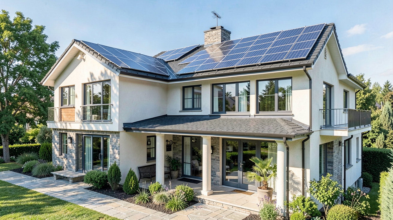 prix installation panneau solaire 9kw sur le toit d'une grande maison familiale moderne