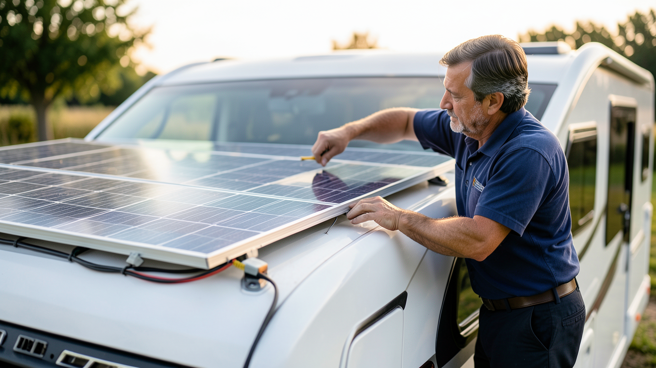 prix installation panneau solaire camping car technicien installant un panneau solaire sur le toit d'un camping-car moderne