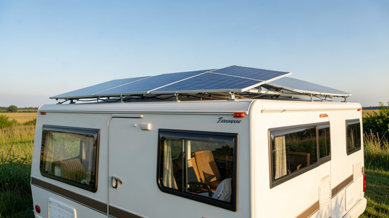 prix installation panneau solaire camping car sur un véhicule en plein air par temps ensoleillé