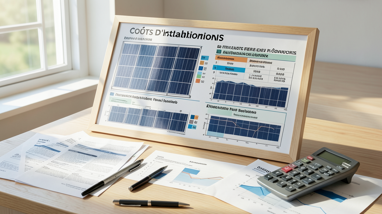 prix d'installation panneau solaire détaillé par poste de dépense sur un bureau avec documents et calculatrice