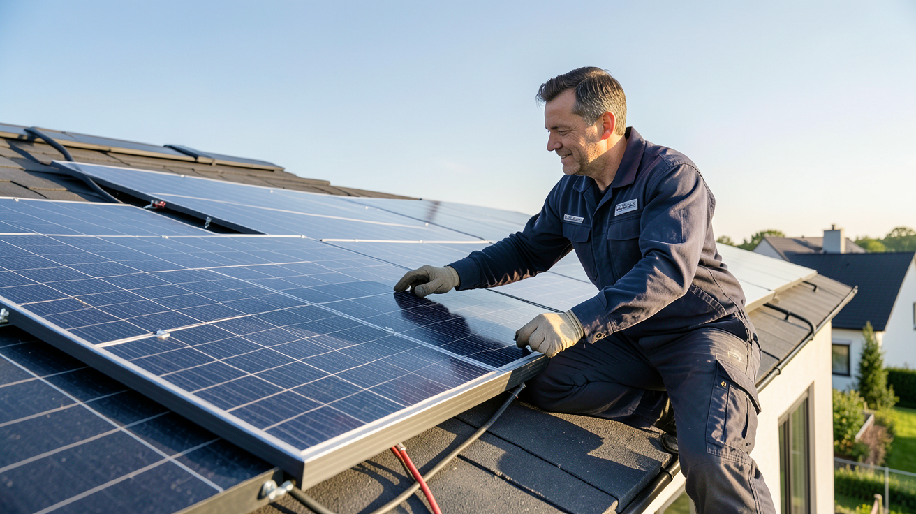 prix d'une installation de panneau solaire montrant un professionnel posant des panneaux sur un toit avec des outils et des câbles