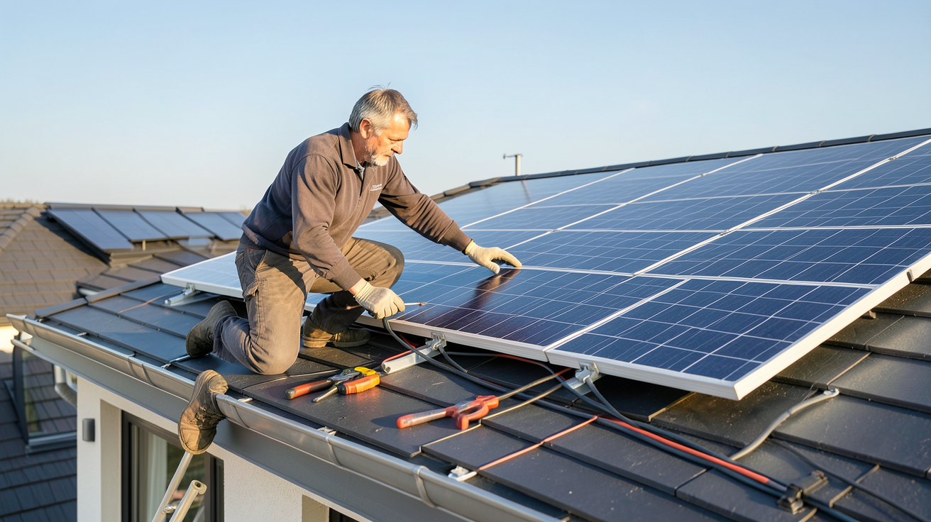 prix d'installation panneau solaire : artisan RGE en train d'installer des panneaux solaires sur une toiture