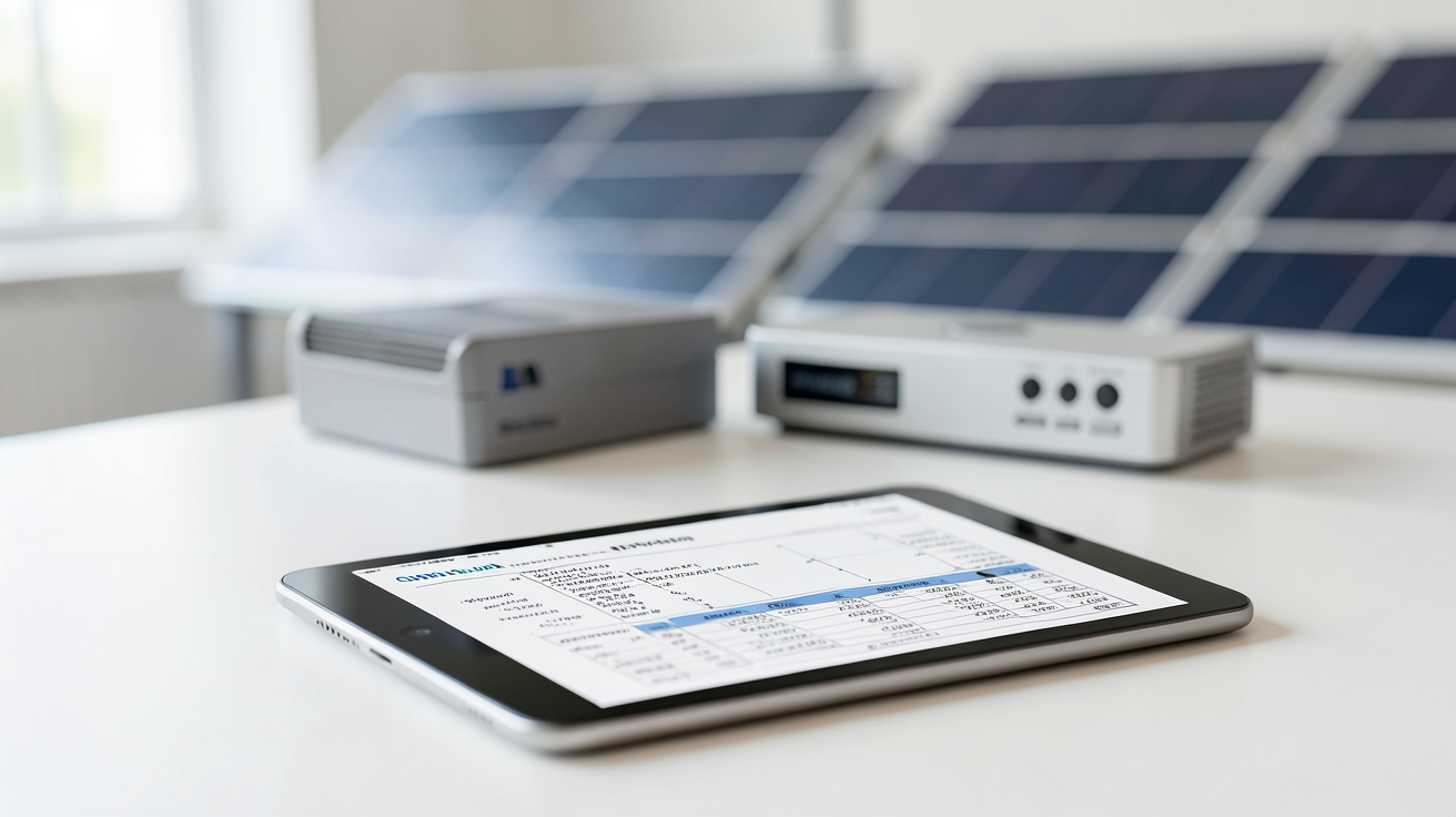 prix installation panneau solaire hybride présenté sur une tablette lors d'une étude de cas
