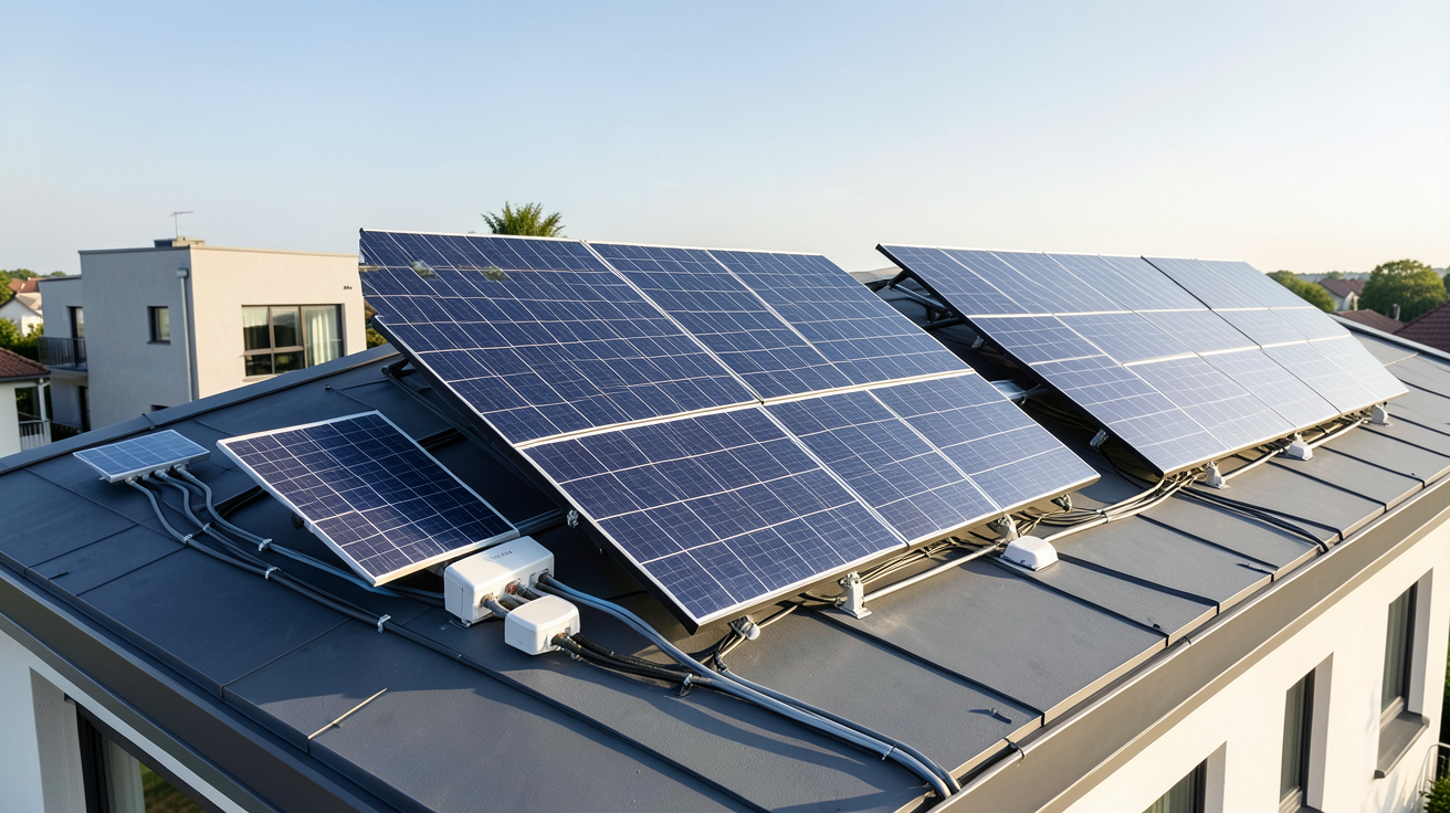 prix d'une installation panneau solaire montrant trois systèmes de puissances différentes (3 kWc, 6 kWc, 9 kWc) sur un toit de maison contemporaine