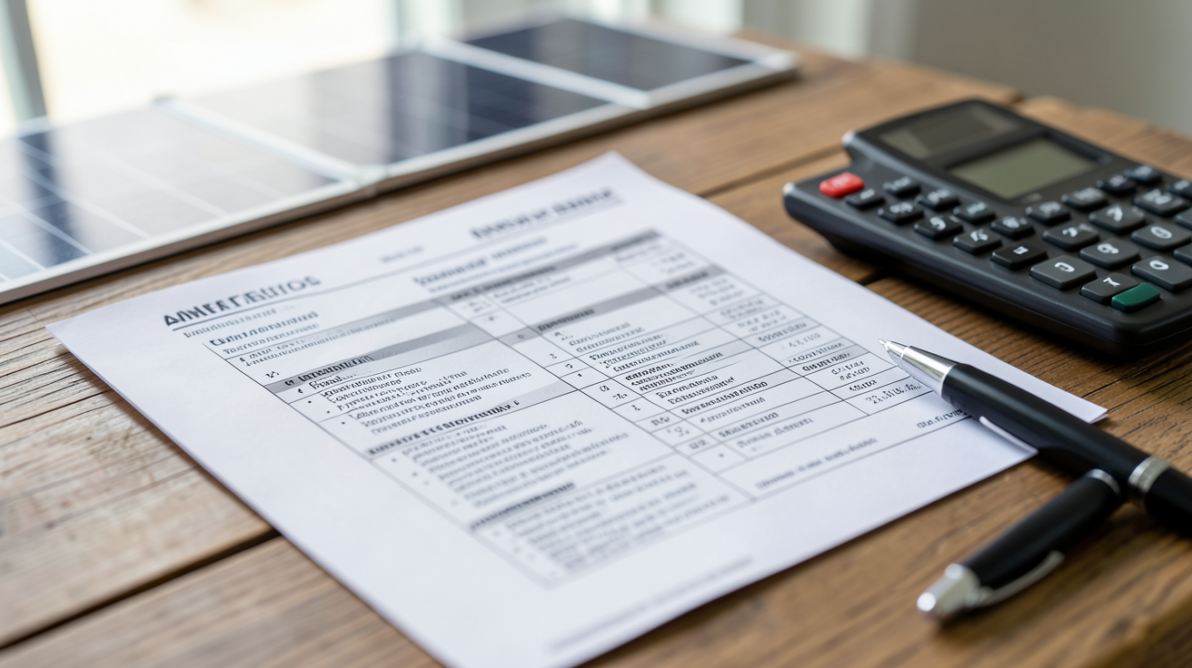 prix installation panneaux photovoltaique représenté par un document de devis détaillé et professionnel sur une table.