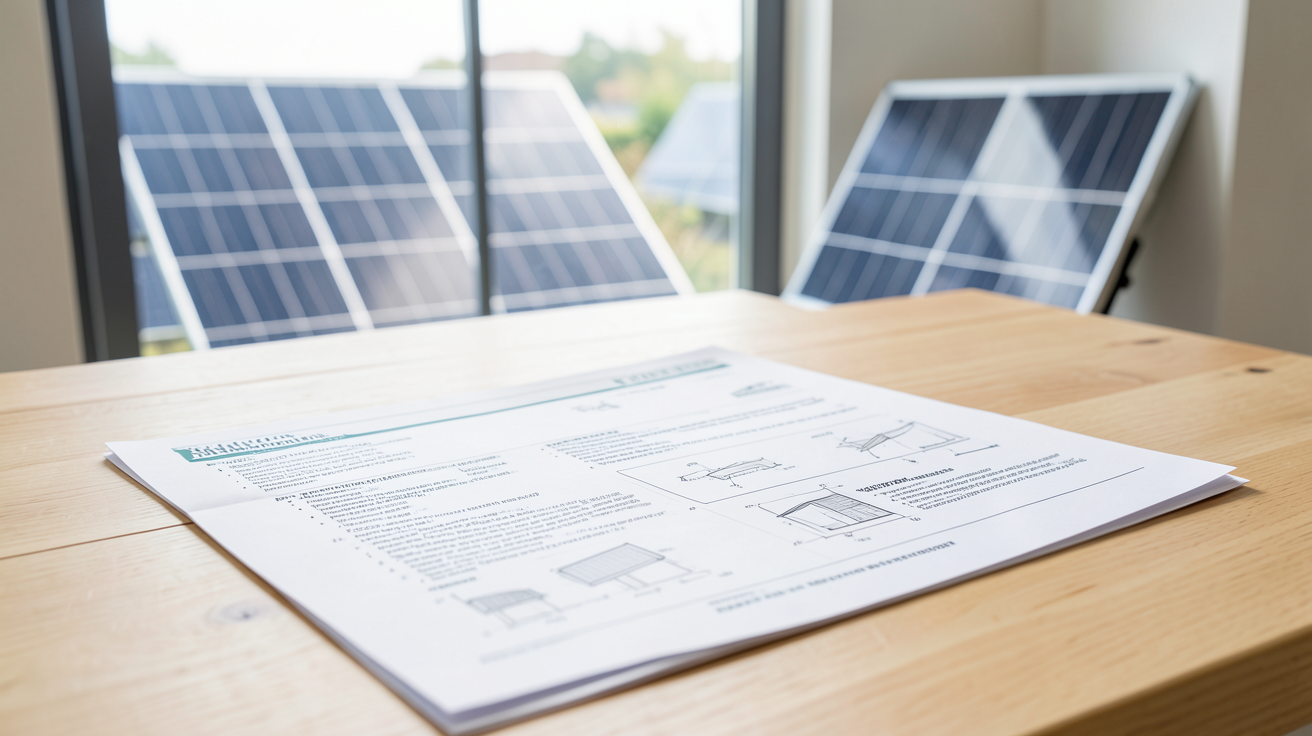 prix d'une installation de panneaux photovoltaïques affiché sur un devis avec des panneaux solaires en arrière-plan