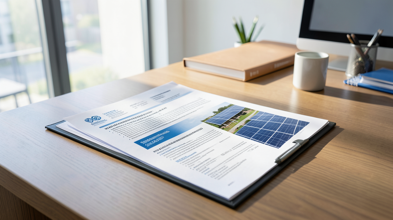 prix installation panneaux photovoltaiques : dossier ouvert sur un bureau montrant les aides financières 2026 pour les panneaux solaires