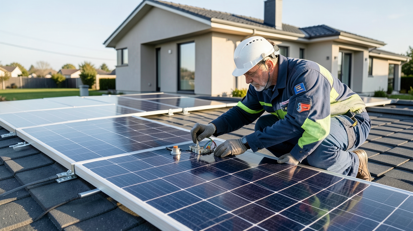 prix d une installation panneaux photovoltaiques : installateur vérifiant les détails techniques d'un panneau solaire sur un toit résidentiel