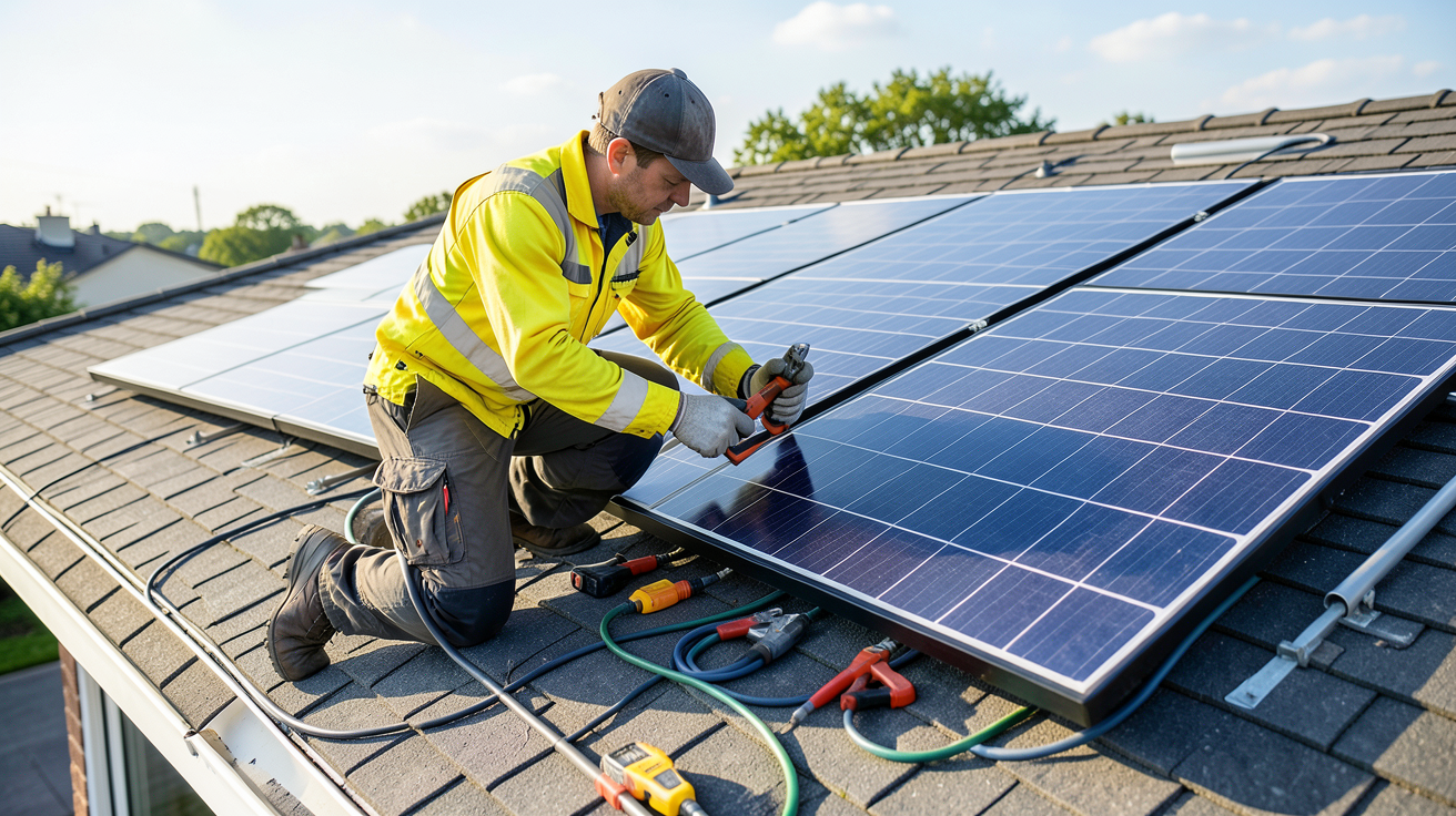 prix d'une installation de panneaux photovoltaïques : professionnel installant des panneaux solaires sur un toit résidentiel