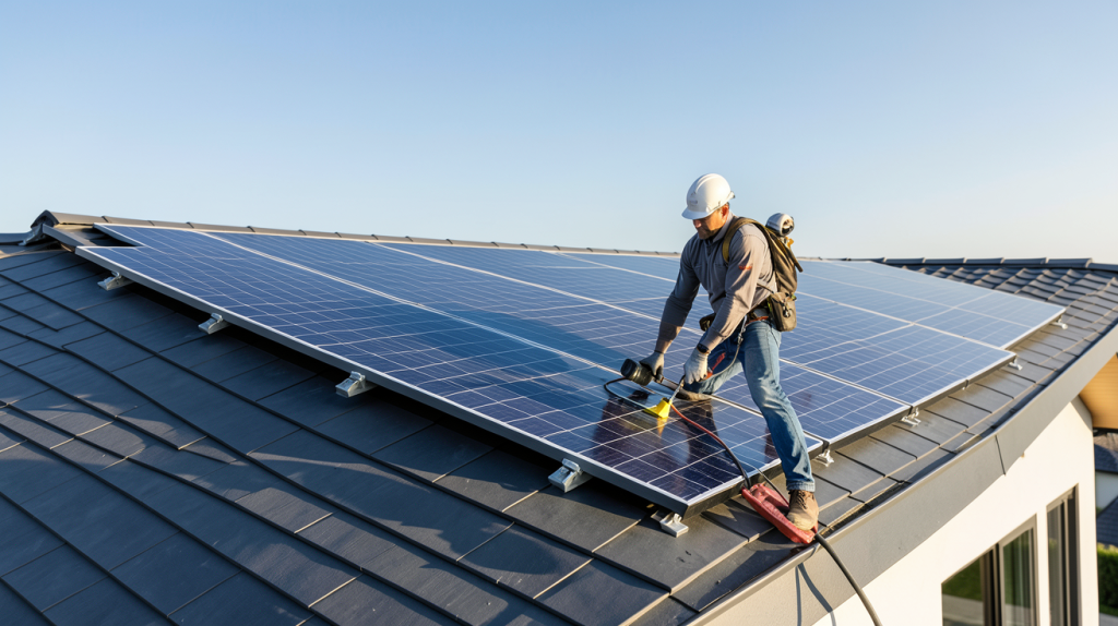 prix d'installation panneaux photovoltaïques sur le toit d'une maison moderne avec un professionnel en action