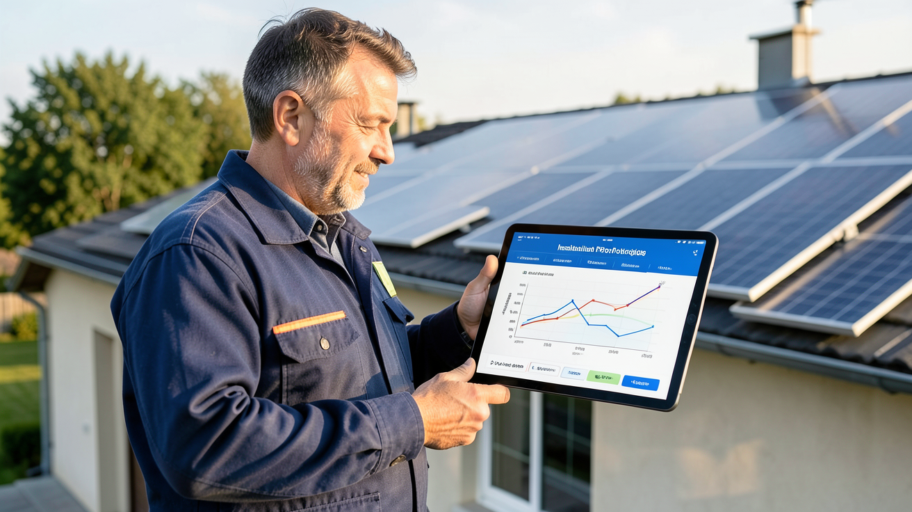 prix d'une installation de panneaux photovoltaïques illustré par un installateur montrant un graphique de prix moyen sur une tablette