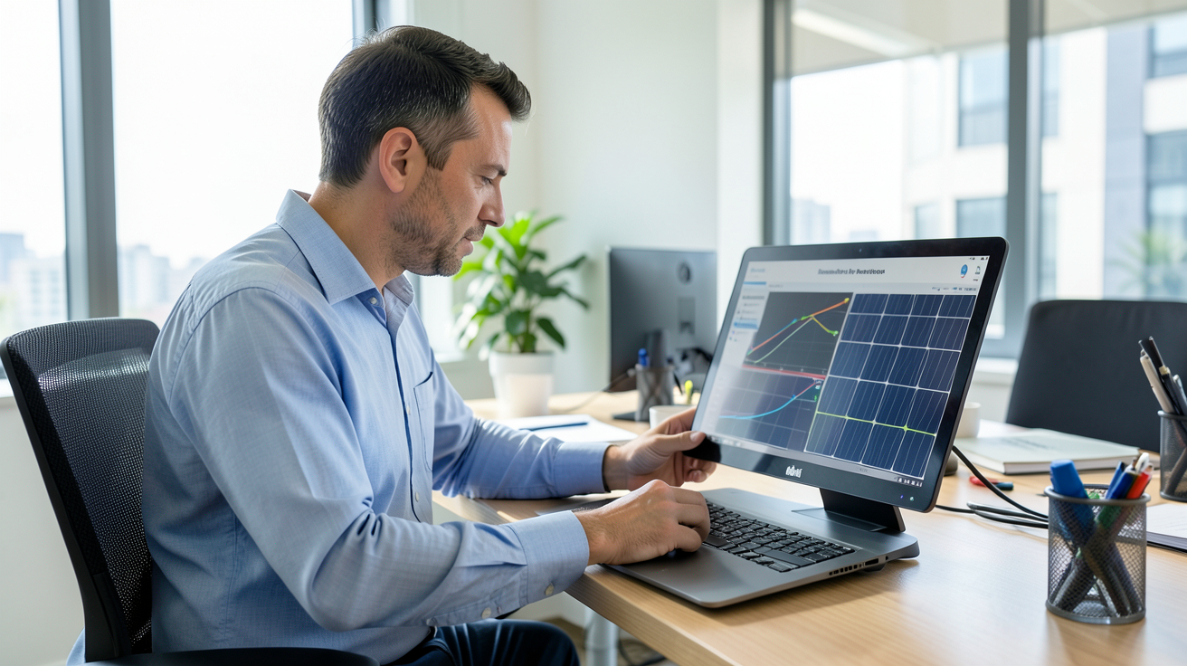 prix d'une installation de panneaux photovoltaïques calculé sur un ordinateur portable par un professionnel
