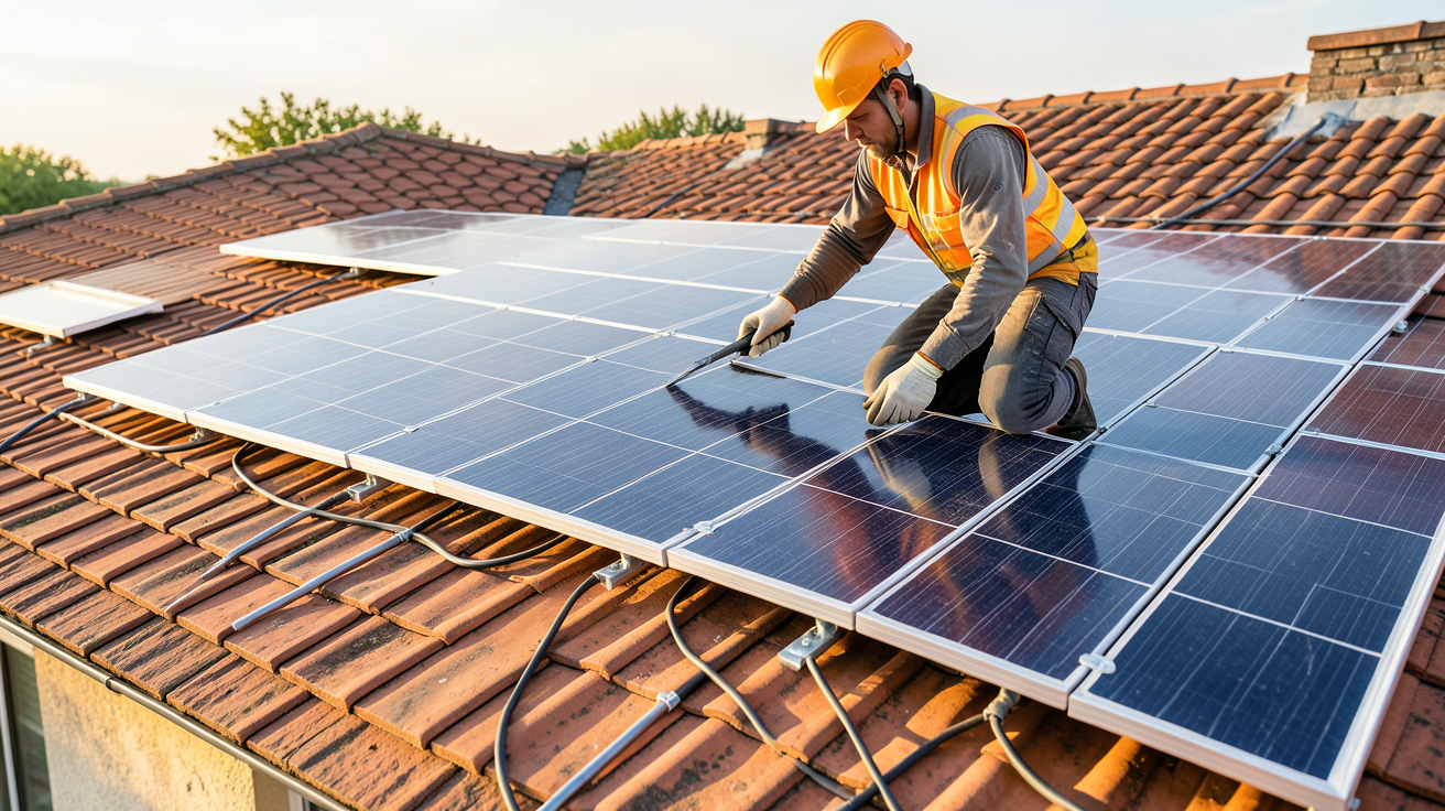 prix d'installation panneaux photovoltaiques : technicien posant des panneaux en surimposition sur une toiture en tuiles rouges
