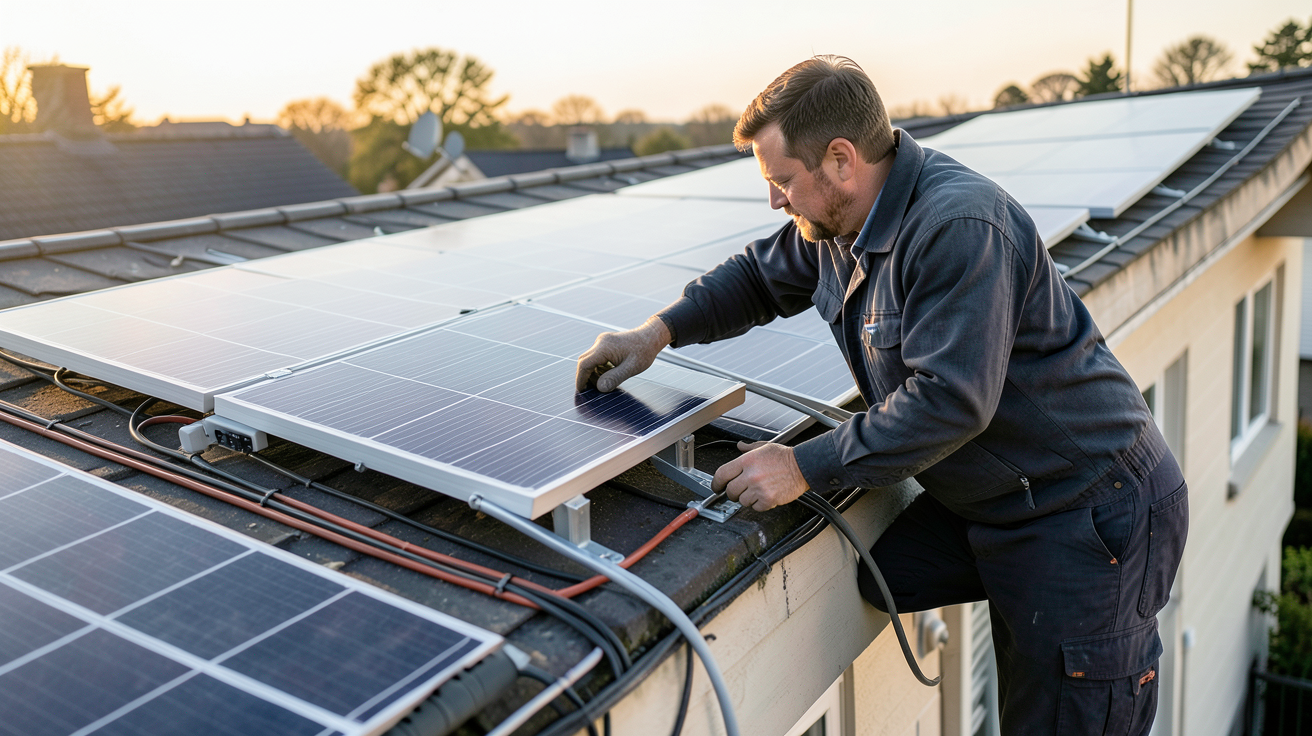 prix d'installation de panneaux solaires : professionnel vérifiant les détails techniques sur un toit